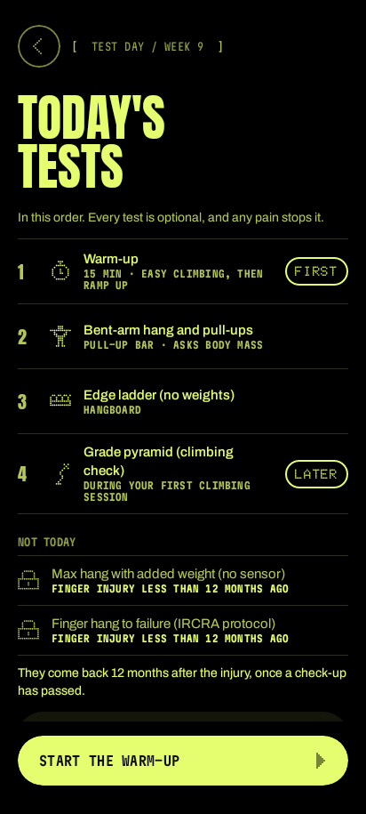 Today's tests: a warm-up, bent-arm hang and pull-ups, an edge ladder and a grade pyramid, each optional.